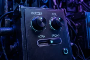 Dwa pokrętła na ciemnym panelu sterowania, jedno opisane budżetem, drugie celem, ilustracja zmiany dla kampanii ograniczonych budżetem