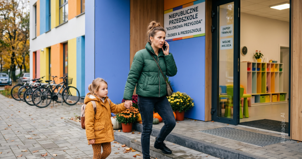 Rodzic z telefonem w dłoni przed wejściem do placówki, moment decyzji o zapisie dziecka - marketing placówki edukacyjnej
