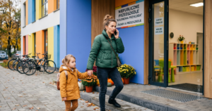 Rodzic z telefonem w dłoni przed wejściem do placówki, moment decyzji o zapisie dziecka - marketing placówki edukacyjnej